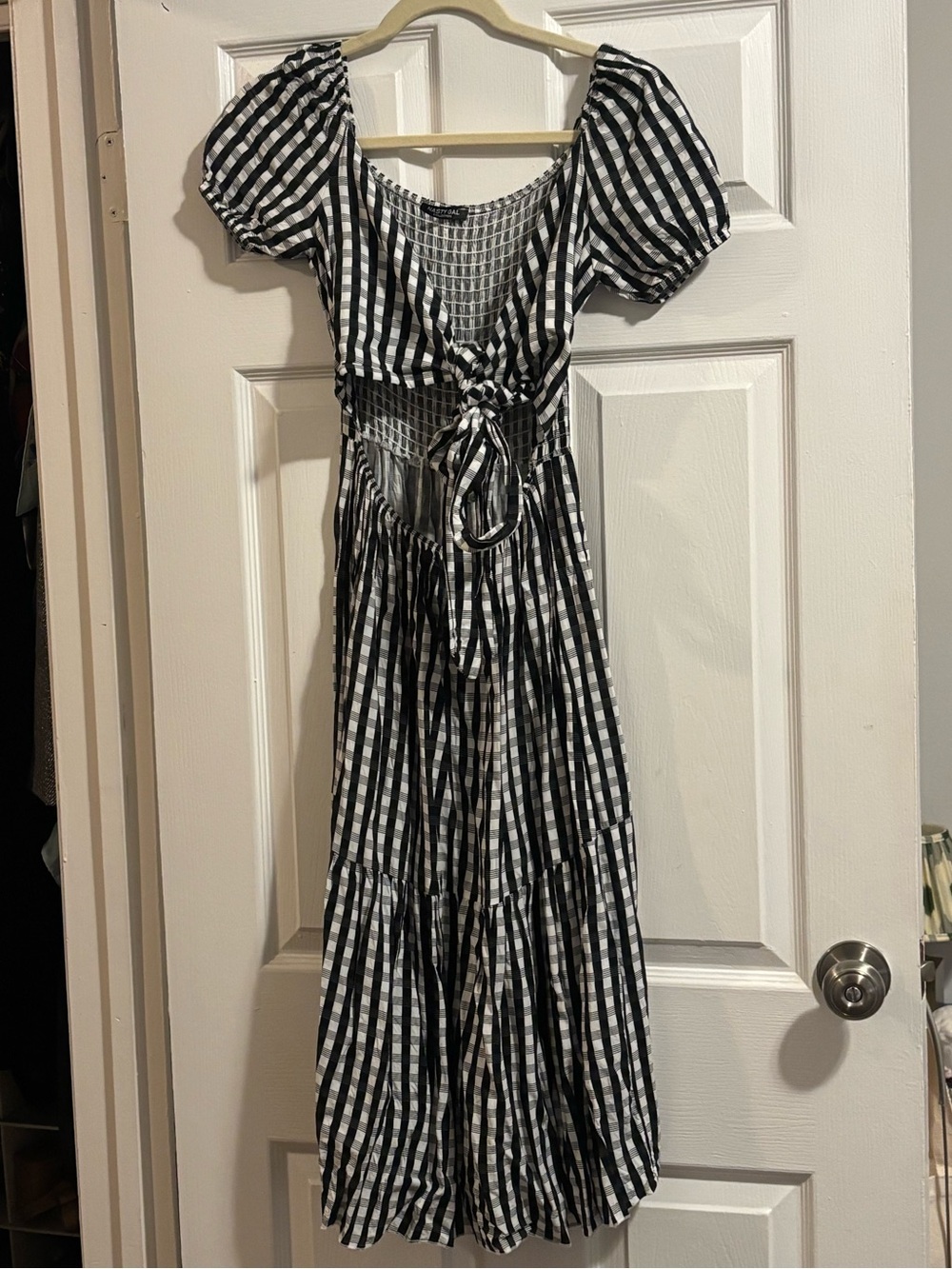 Nasty Gal Black & White Gingham Tie-Front Midi Dress